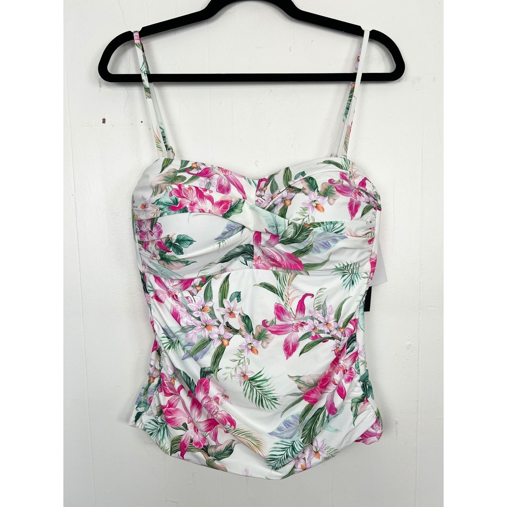La Blanca Island Goddess Floral Tankini Swim Top Tummy Control White Pink Sz 14